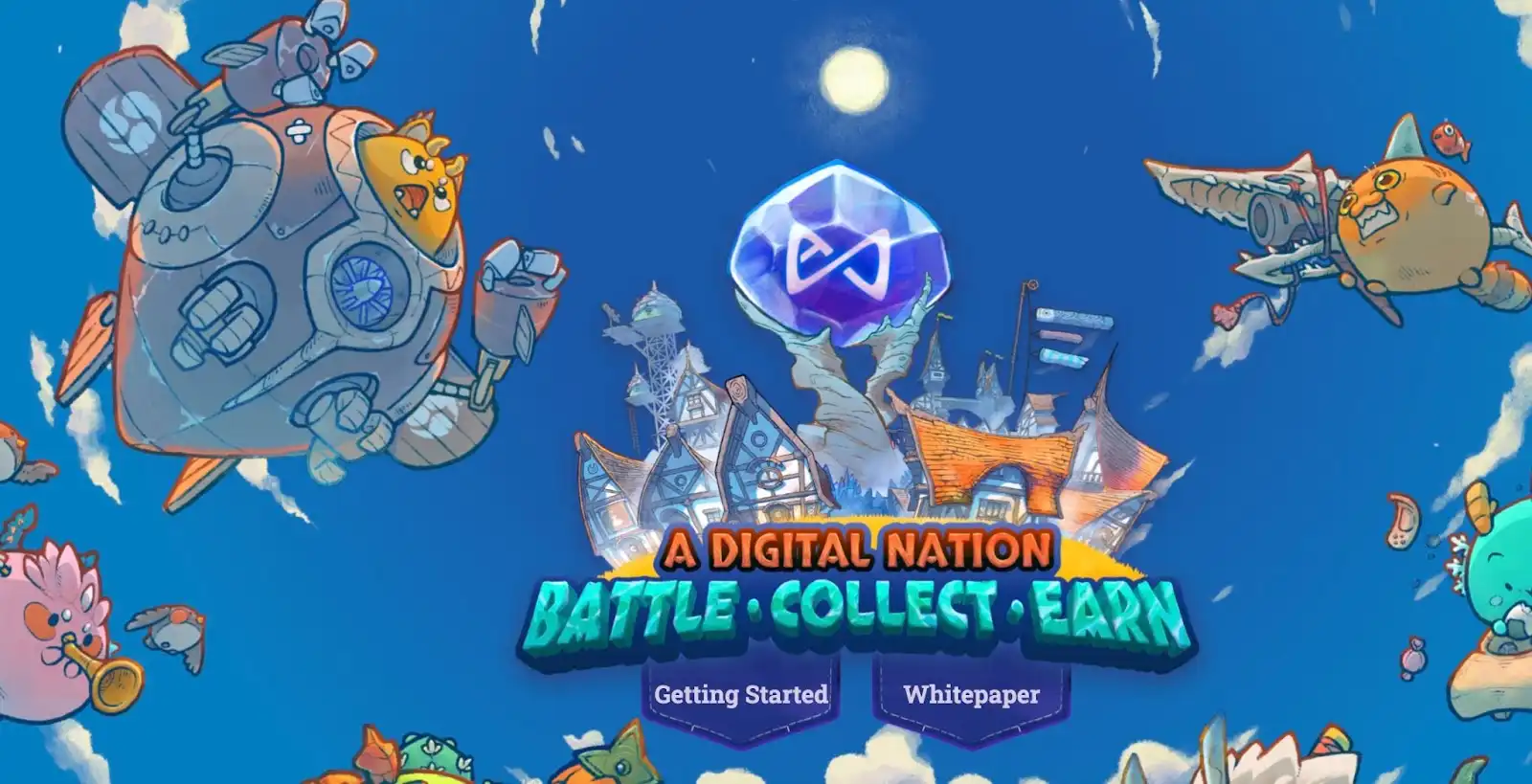 Screenshot of the Axie landing page showing a getting started button and a whitepaper button. The background has a fun-looking illustration of a cloud city with flying creatures surrounding it.