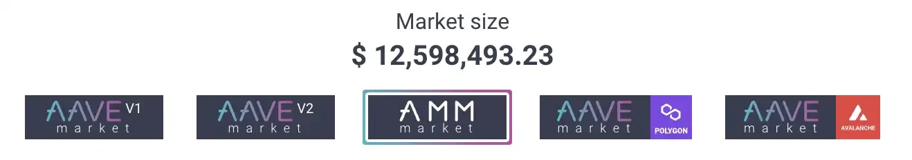 5 icons showing the 5 markets on Aave, the center one being AMM Market. Above the icon, the market size shows $12.5 million.
