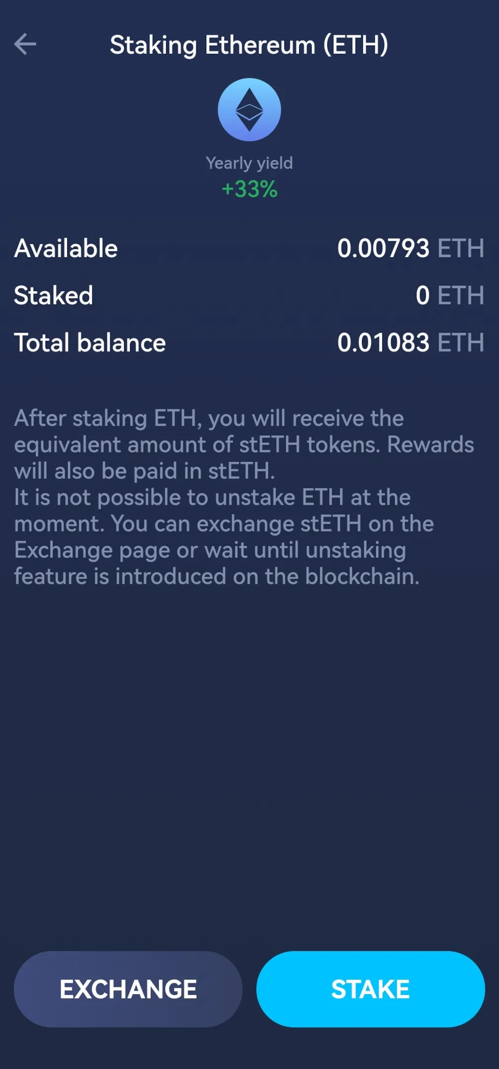 ETH staking interface in the mobile version of Atomic Wallet