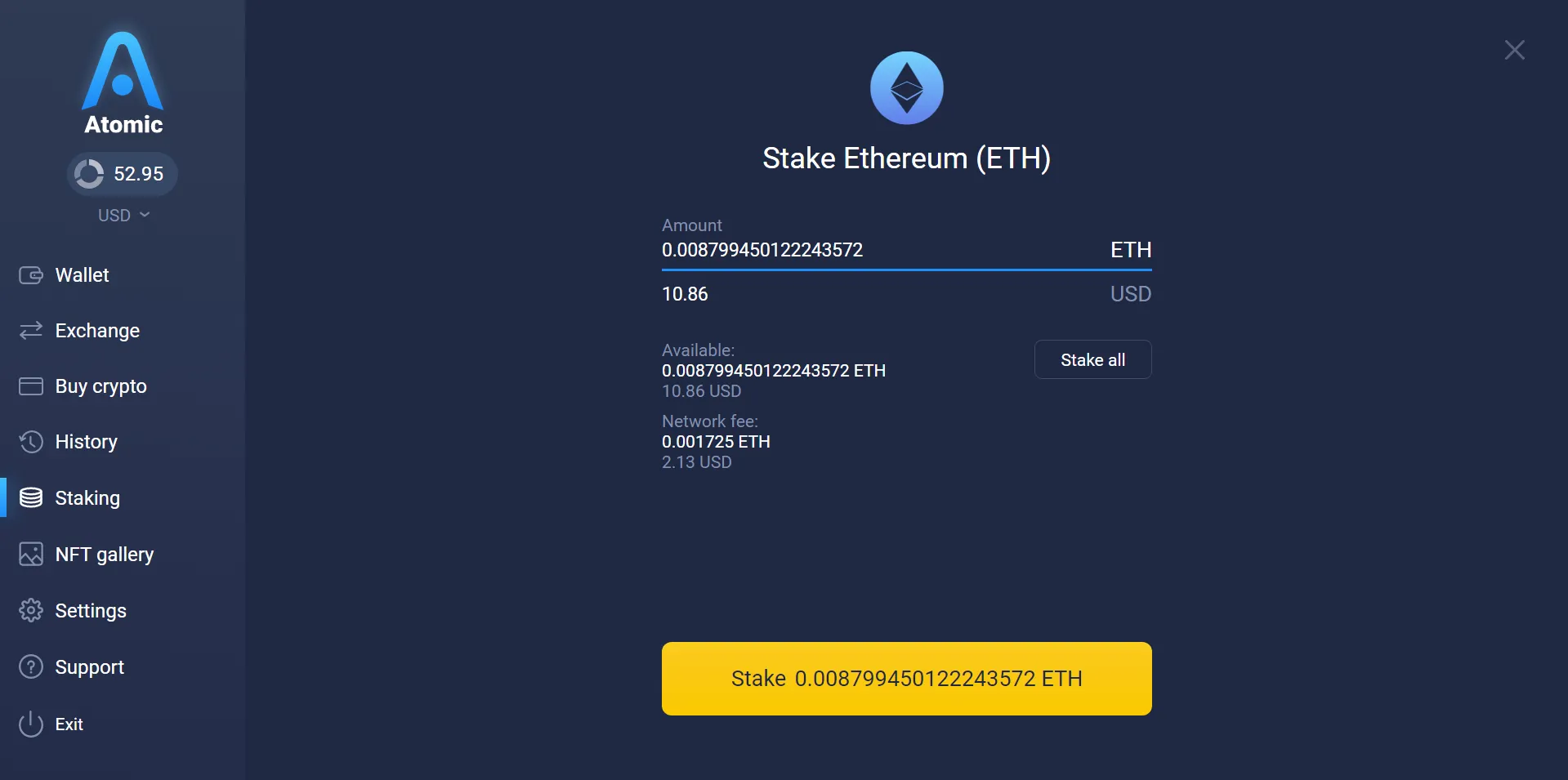 ETH staking interface in Atomic Wallet, the desktop version