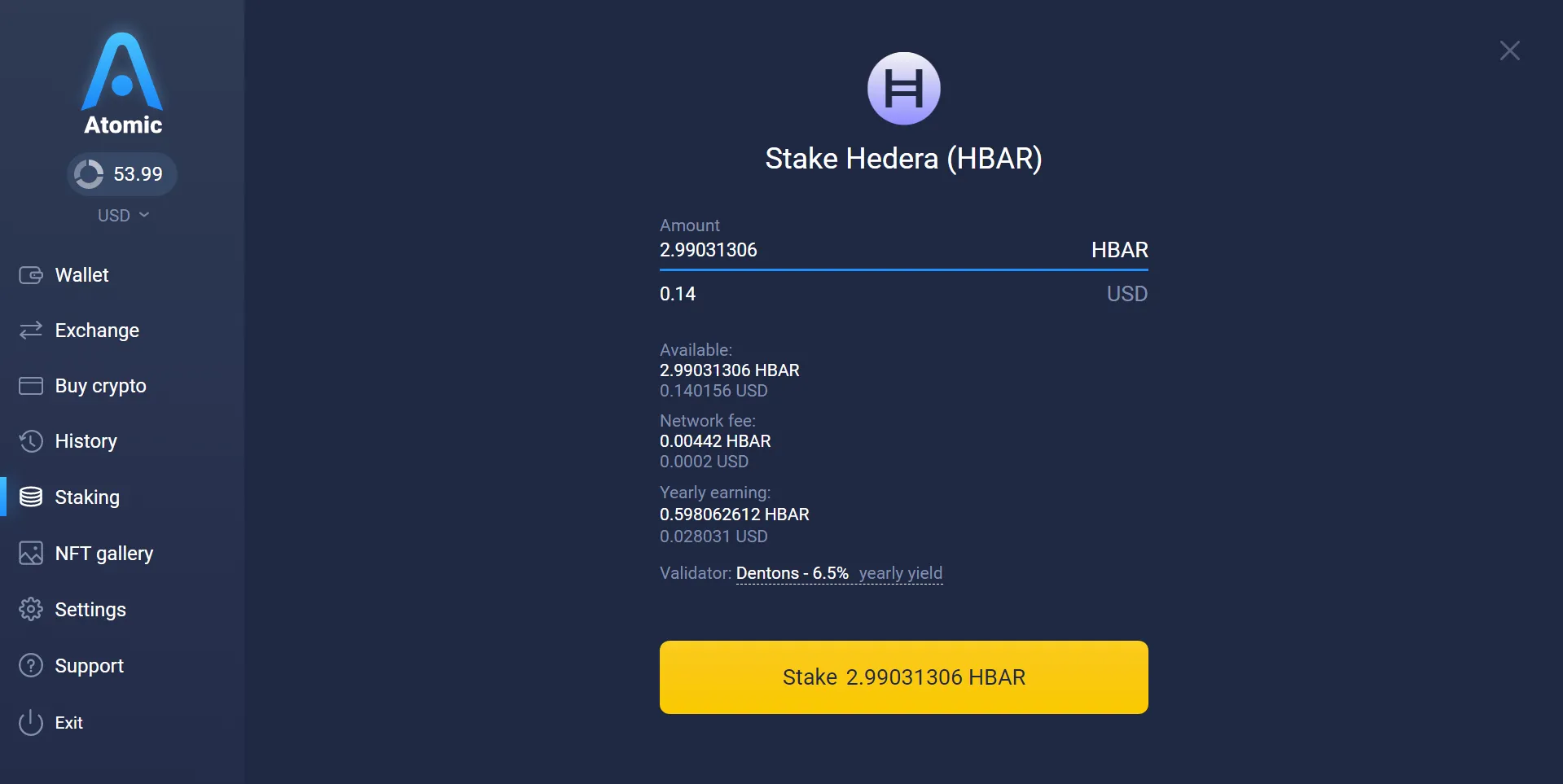 HBAR staking interface in Atomic Wallet, the desktop version