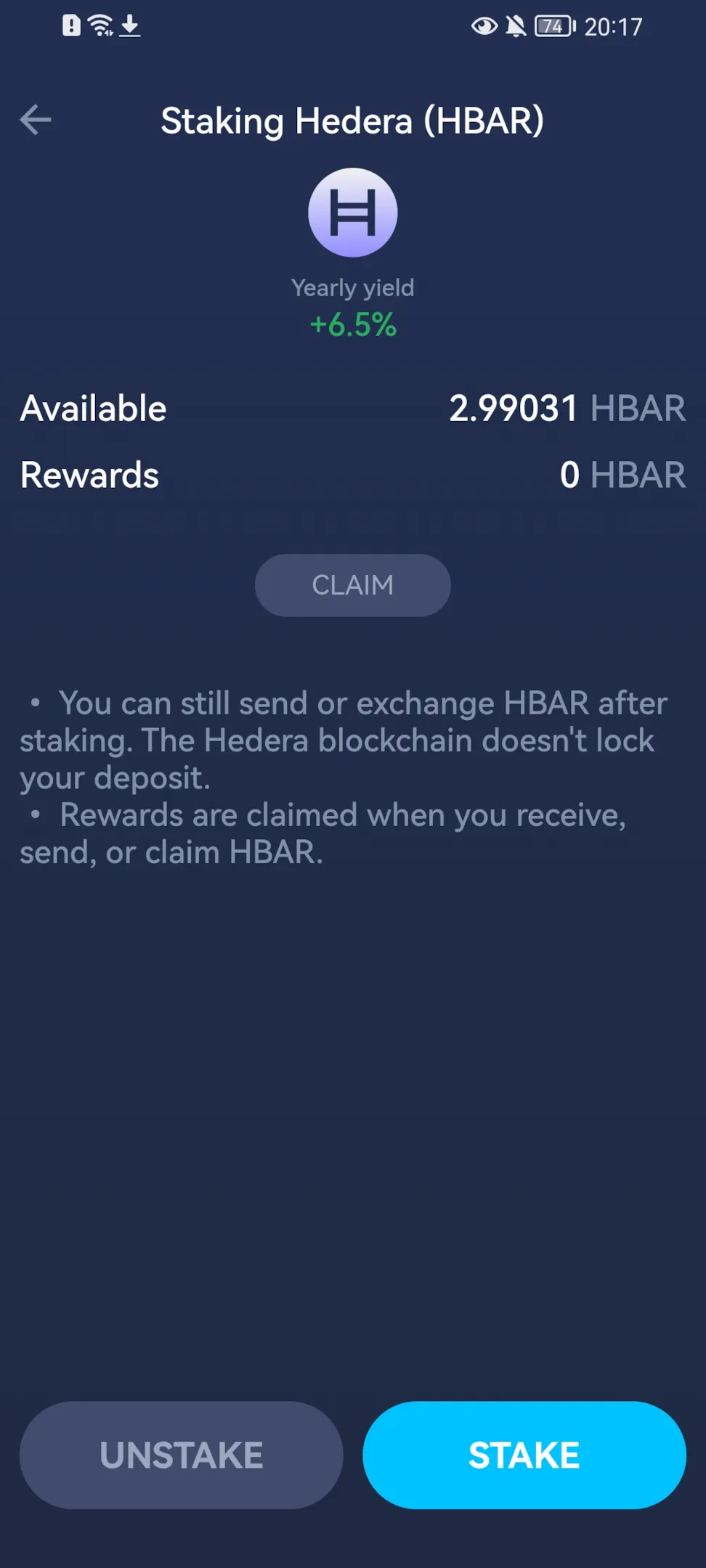 HBAR staking interface in the mobile version of Atomic Wallet