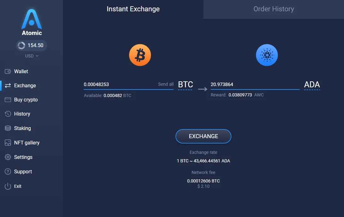 Exchanging crypto in Atomic Wallet