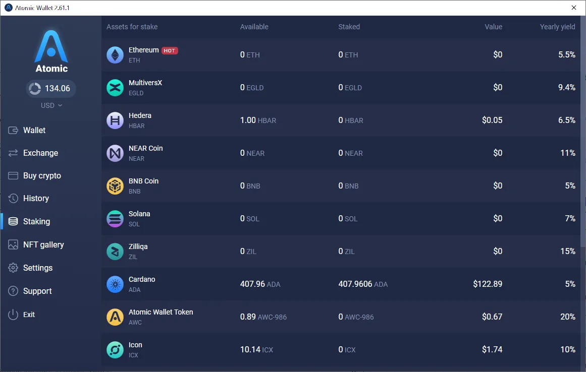 Desktop staking interface in Atomic Wallet